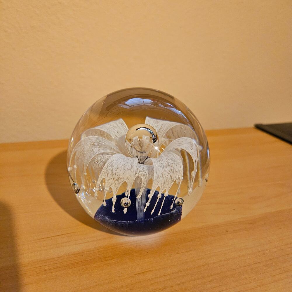 White & Cobalt Blue Flower Bubbles Art Glass Paperweight- 3.5" Wide